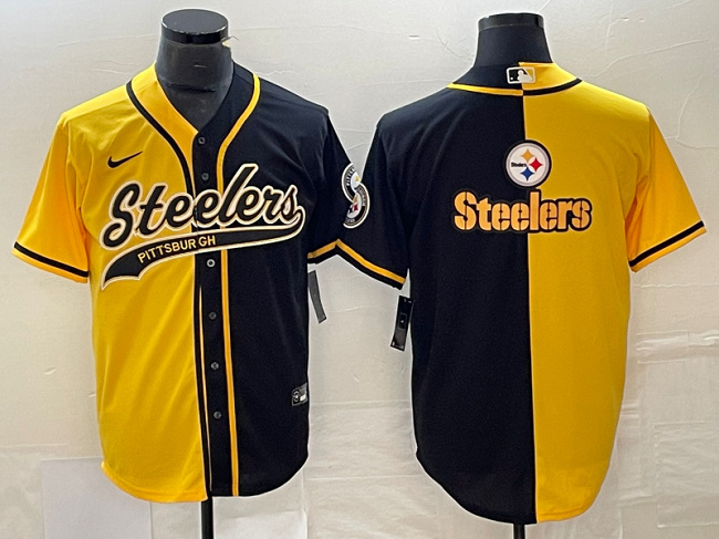 Men's Pittsburgh Steelers Yellow Black Split Team Big Logo Cool Base Stitched Baseball Jersey Men's Pittsburgh Steelers Yellow Black Split Team Big Logo Cool Base Stitched Baseball Jersey